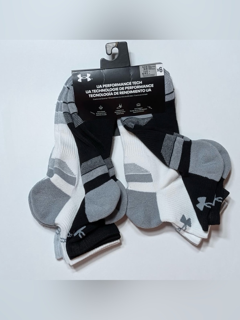 Under Armour Black White Gray Performance Socks - 6 Pack